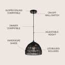 JONATHAN Y 10.25" Black Modern Bohemian Woven Rope LED Pendant Light Fixture, Adjustable Dome Ceiling Lamp for Kitchen Island, Rope Shade, Coastal Farmhouse Decor (JYL6513B)