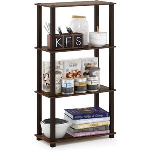 Furinno TURN-S-TUBE Storage Shelves, 4-Tier Book Shelf, Corner Shelf, Toolless Open Shelves, for Organization and Storage, Living Room, Garage, Home Office, Walnut, 4-Tier Square Tube
