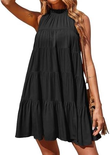 Okiwam Womens Summer Halter Dresses Sleeveless A Line Tiered Swing Mini 2025 Fall Casual Boho Beach Vacation Sundress,  M