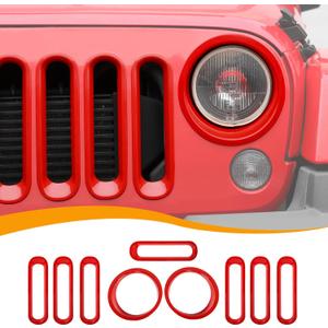 Front Grille Insert Cover & Headlight Bezel Cover Trim Fit for Jeep Wrangler JK JKU 2007-2017, Exterior Accessories, Red