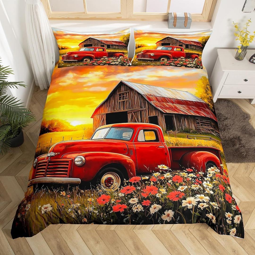 Manfei Red Truck Bedding Set Rustic Farmhouse Style Bedding Duvet Cover Kids Teens Watercolor Oil Painting Comforter Cover Set Orange Red Bedspread Cover Bedroom Quilt Cover 3Pcs Full,No Comforter