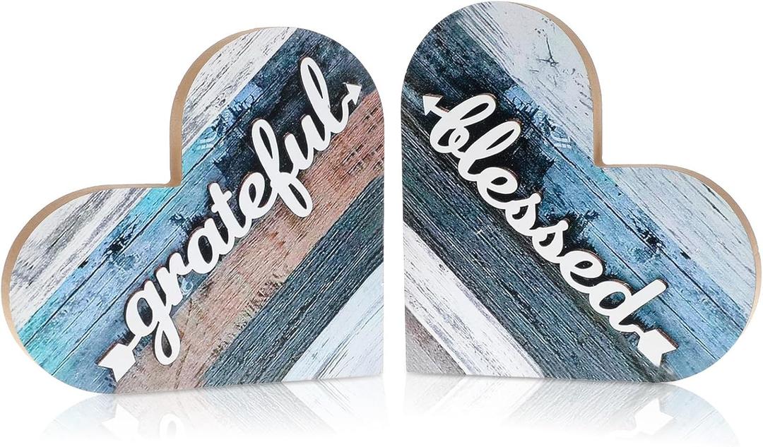 WLLHYF Rustic Table Decorations, 2 Pcs Wood Home Sign Love Heart Shaped Table Centerpiece Thanksgiving Signs Autumn Rustic Home Decor for Home Kitchen Table Living Wedding Room Decor