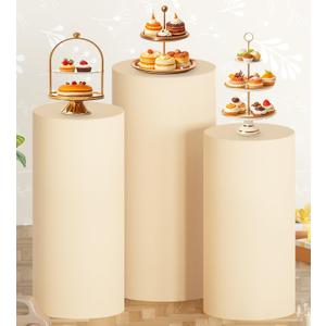 MODFUNS Cylinder Pedestal Cover Set of 3 Beige Cylinder Cover Spandex Pedestal Stand Cover Elastic Round Pillar Cover Vintage Cylinder Plinth Stand Cover for Wedding Reception Dessert Table Decor