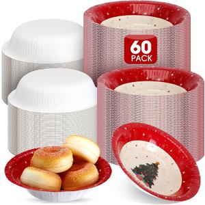 Cholemy 60 Pcs Christmas Paper Bowls Bulk 16 oz Red Disposable Xmas Tree Serving Bowls for Hot and Cold Soup Ice Cream Salad Snack 7 Inch Holiday Winter Birthday Party Catering Events