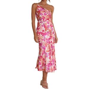Hotheart Womens Sexy Off Shoulder Sleeveless Ruched Satin Floral Printed Bodycon Party Clubwear Casual Fishtail Dress (Rose Red)б ЧД