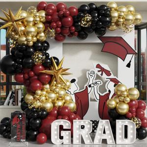 139Pcs Burgundy and Gold Balloon Arch Garland Kit for Graduation Party Decorations,Maroon Black Metallic Gold Confetti Balloons for Class of 2025 Congrats Grad Celebrations Birthday Supplies