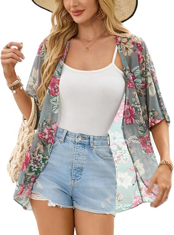 Women's Floral Kimono Cardigan Lightweight Beach Cover Up for Summer Loose Fit Casual Top, Size XL