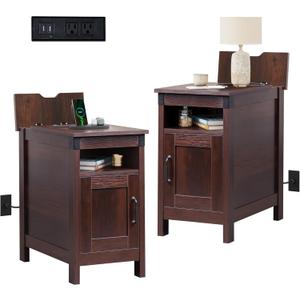 WLIVE Narrow End Table Set of 2 With Charging Station, Side Tables for Living Room, Small Spaces, Couch, Night Stand Set With Storage, USB Ports and Outlets, Espresso