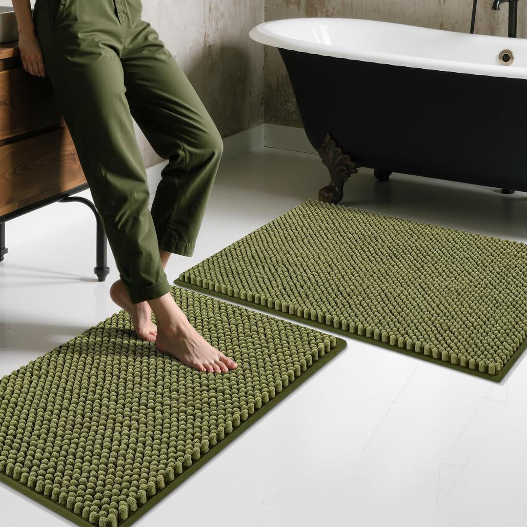 BSICPRO Bathroom Rugs Set 2 Piece-Chenille Bath Mats Non Slip-Thick Soft Absorbent Sage Bath Rug-Shower Floor Mat Machine Washable-Bathroom Decor Accessories (Olive Green, 20" x 32" Plus 16" x 24")