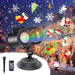 Christmas Projector Lights Outdoor, 2-in-1 HD Moving Pattern Holiday Projector Lights with Remote Control (12 Slides, 15 Colors), IP65 Waterproof Christmas Decorations with Timer,Three Fixing Methods
