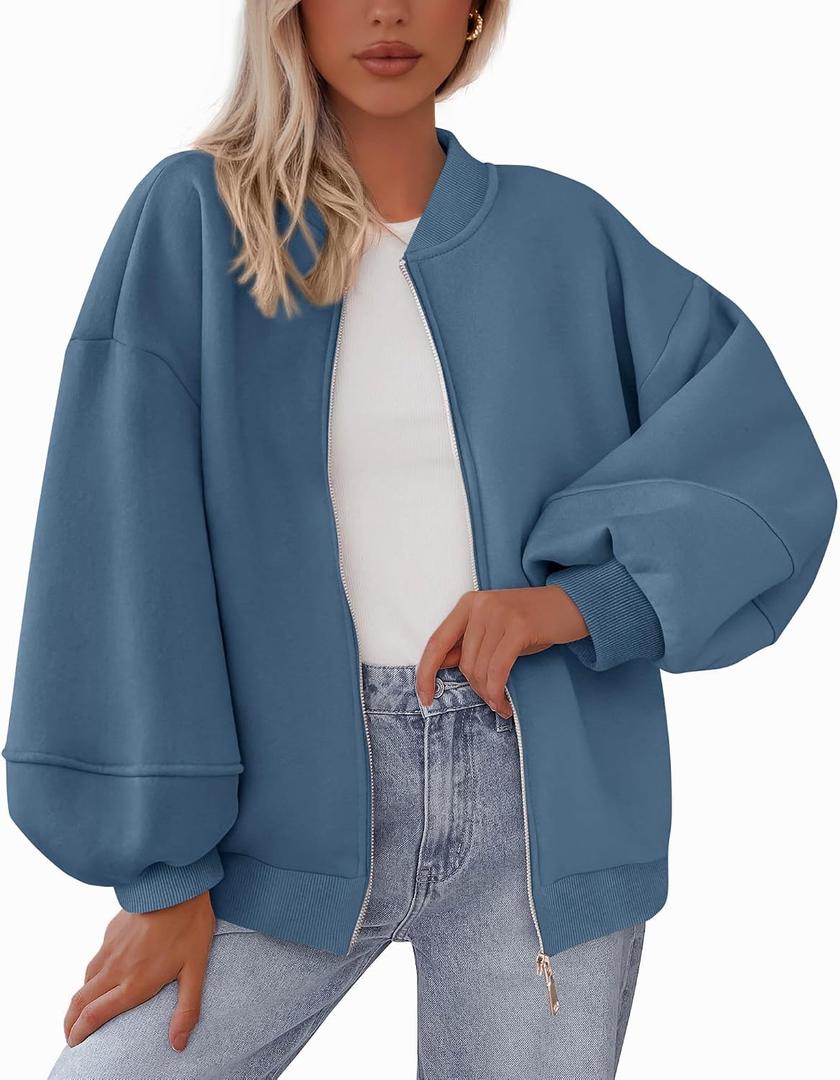 KIRUNDO Oversized Sweatshirt for Women Zip Up Bomber Jacket 2026 Fall Fashion Casual Long Sleeve Outerwear Winter Outfits (Blue, XL)