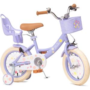 Girls Bike with Basket for Toddlers and Kids Aged 3-14, 12 14 16 18 Inch with Training Wheels, 20 Inch with Kickstand & Rear Rack, Princess Style Bicycle with Doll Seat & Daisy Prints for Gift (Purple)