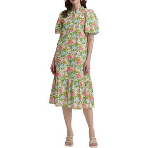 Summer Floral Midi Dress for Women Spring Puff Short Sleeve Button Down Flowy Boho Dresses (Large, Green)