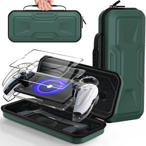 FYOUNG 3 in 1 Accessories Bundle for Playstation Portal, Carrying Case & Hard PC Clear Cover Set with Screen Protector, Protective Shell Portable Travel Handbag for PS5 Portal Remote Player (Green)