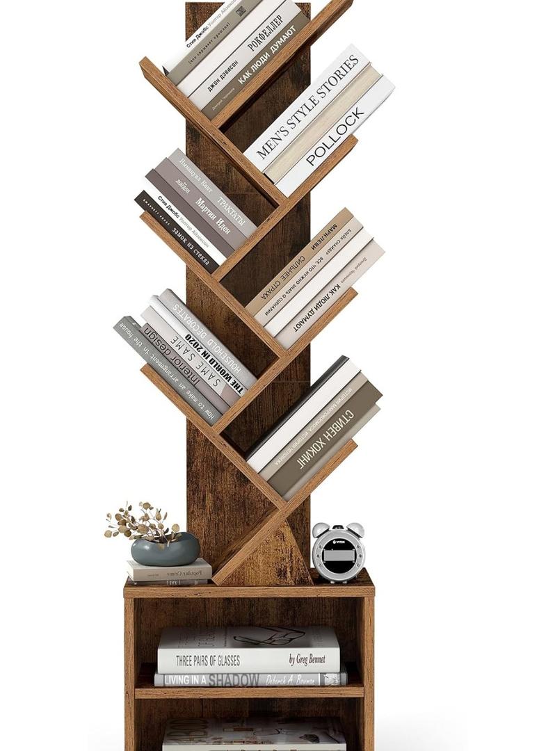 VASAGLE Custos Collection - Tree Bookshelf, Modern Bookcase, Floor Standing Book Shelf, for Bedroom, Living Room, Home Office, 2 Open Compartments, 8 x 15 x 48.5 Inches, Rustic Brown ULBC607K01, 7 Tiers