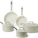 Amazon Basics Ceramic Nonstick Cookware, 8-Piece Set of Pots and Pans, Dishwasher and Oven-Safe, All Cooktop Friendly, Linen Gray