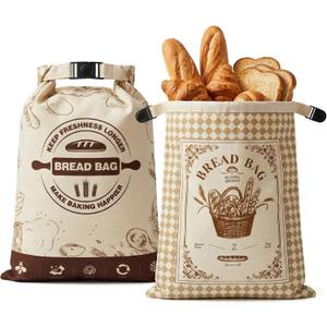 2 Pack Reusable Beeswax Bread Bags, 16x12 Inch Cotton Storage Bags with Removable Liner for Sourdough & Homemade Bread, Fresh-Keeping for Fridge and Daily Use
