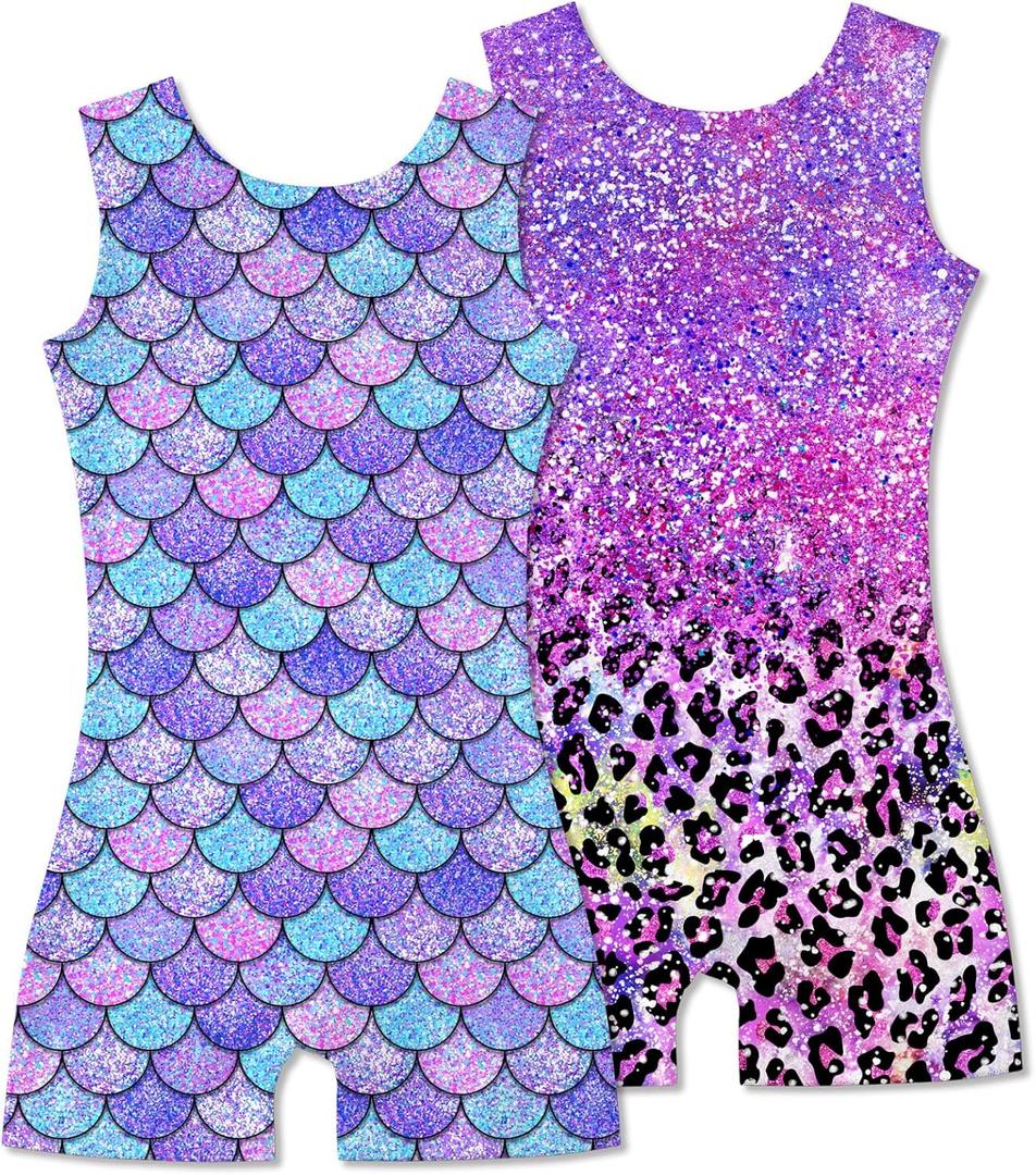 2 Packs Gymnastics Leotards for Girls Mermaid Leopard Dance Leotard Kids Biketard with Shorts (6-7 Years)