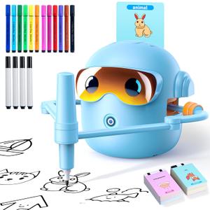Drawing Robot for Kids Montessori Painting Toys for 3 4 5 6 7 8 Year Old, Voice Interactive Educational Drawing Machine with 100 Cards,16 Colorful Pens & Music-Gift for Boys Girls (Blue)