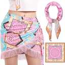 Wrap Skorts for Women, Casual Beach Mini Skirt with Silk 27" Square Scarf, Boho Beach Cover Ups for Swimwear (8-10, Pink)