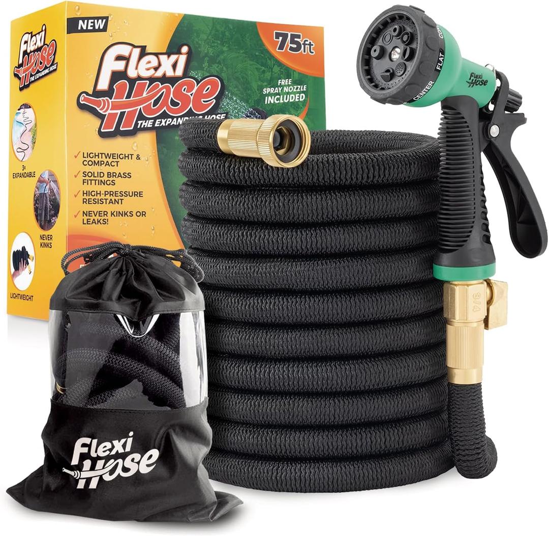 Flexi Hose Plus Expandable Garden Hose with 8 Function Nozzle, 75FT - Lightweight Retractable Garden Hose, Water Hose - No-Kink Flexibility, 3/4 Inch Solid Brass Fittings Includes Hook & Bag (Black)