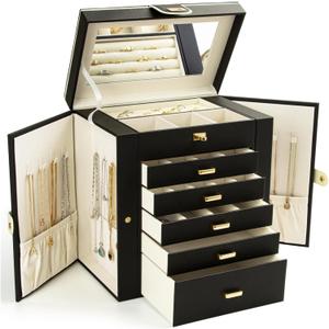 KAMIER Jewelry Box for Women, 6-Layer Large Jewelry Organizer Box with Mirror & 5 Drawers for Rings, Earrings, Necklaces, Bracelets,Black