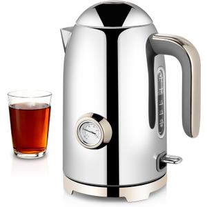 SUSTEAS Electric Kettle - 57oz Hot Tea Water Boiler with Thermometer, 1500W Fast Heating Stainless Steel Pot, Cordless LED Indicator, Auto Shut-Off & Boil Dry Protection, Glossy Silver