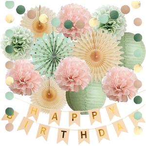 Sage Green and Light Pink Birthday Decorations Pastel Pink and Green Birthday Decorations Boho Dusty Rose Blush Pom Poms Beige Fans with Happy Birthday Banner Beige and Gold for Women Girls