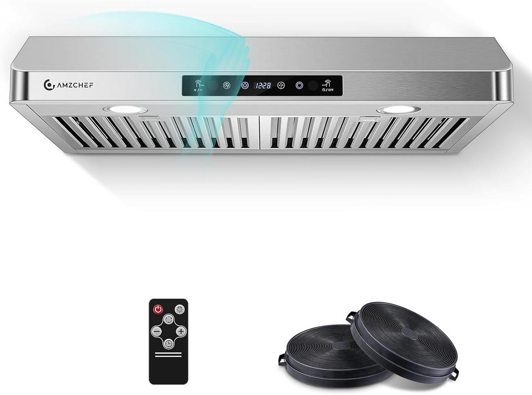 AMZCHEF 30" Stainless Steel Under Cabinet Range Hood, 1050 CFM Dual-Fan | Stainless Steel Hood with Touch/Remote/Gesture Control, Timer, LED Lights & Dishwasher-Safe Baffle Filters 3 Outlets, TOUCH(DUAL FANS)
