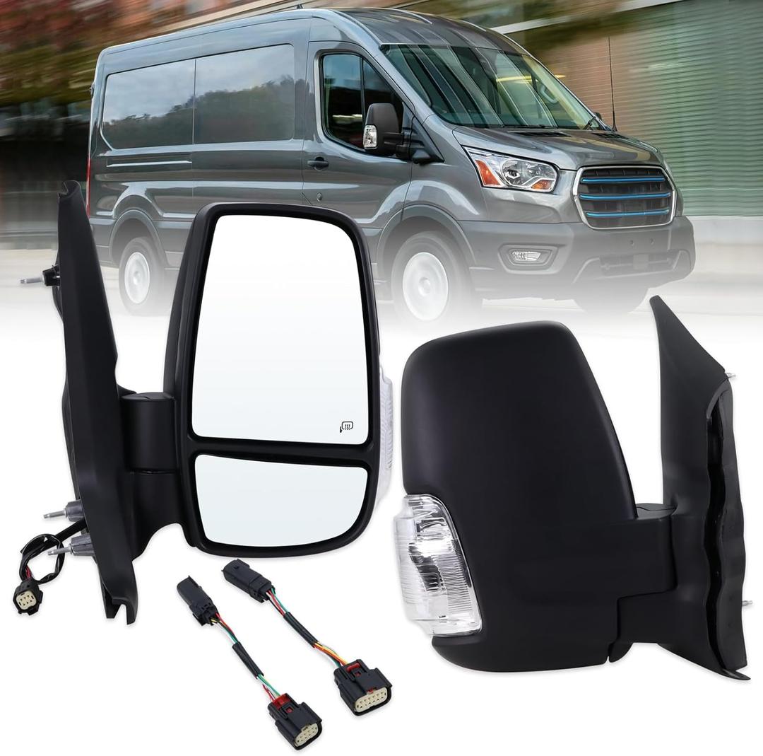 Right Passenger Side Mirror Compatible With 2015-2025 Ford Transit 150 250 350 350HD With Power Glass Manual Folding Heated Turn Signal Matte Black (Short Arm) Replace#CK4Z-17682-CA (6 Pins)