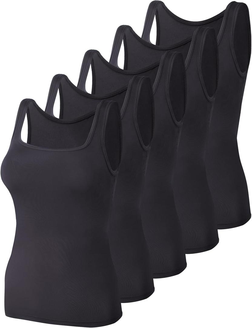 BQTQ 5 Pack Women's Tank Tops Square Neck Sleeveless Ladies Tank Top Undershirts (Medium, Black)