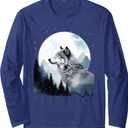 Arctic Grey Timber Wolf Under The Moon & Stars Design Long Sleeve T-Shirt, Large