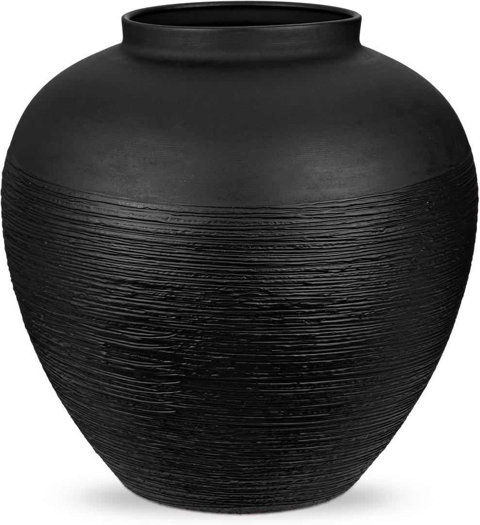 Flower Vase for Home Decor, 11.4" Large Decorative Metal Vase for Pampas Grass, Modern Rustic Textured Iron Vase Centerpiece for Modern Farmhouse Table Living Room Entryway, Matte Black