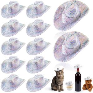 Sotiff 12 Pcs Mini Cowboy Hat Tiny Disco Glitter Hats for Crafts Little Miniature Western Hats for Doll Dessert Pet Gifts (Silver)