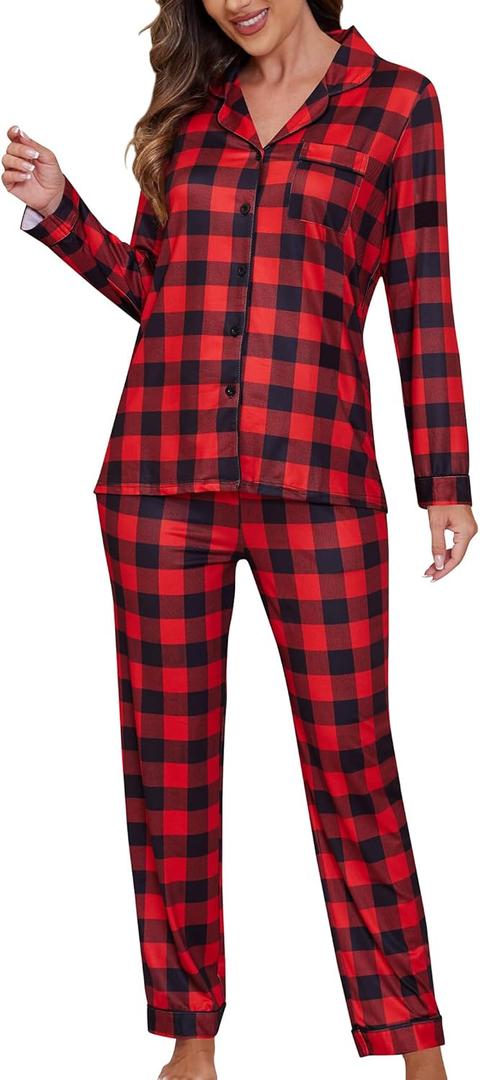 ZMJ Womens Pajamas Sets 2 Piece Long Sleeve and Pant Pj Sets Button Up Sleepwear (Medium, Christmas Red and Black Plaid)