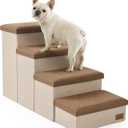 Dog Stairs with Storage, 4-Step Wider Sturdy Dog Steps for Small/Medium/Large Dogs and Older Cats, Folding Doggie Ramp for Bed/Couch/Car Hold Up to 180 lbs (22" H, Brown)