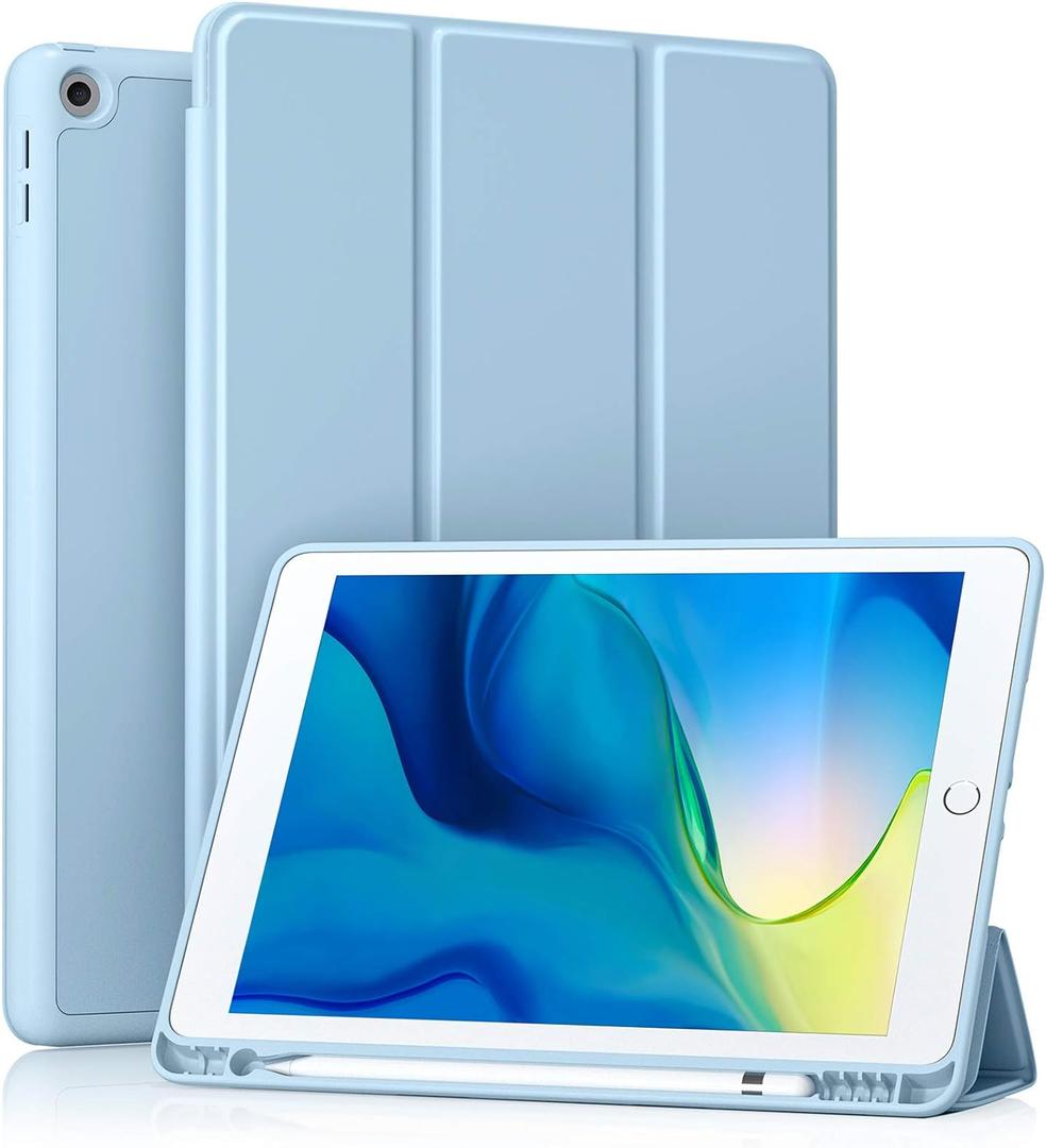 Akkerds Case Compatible with iPad 10.2 Inch 2021/2020/2019, for iPad 9th/8th/7th Generation Case with Pencil Holder, Protective with Soft TPU Back, Auto Sleep/Wake Cover, Sky Blue
