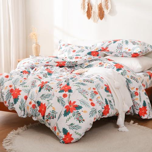 JSD Poinsettia Christmas Duvet Cover Set King Size, 3 Piece Soft Printed Microfiber Comforter Covers Zipper Closure