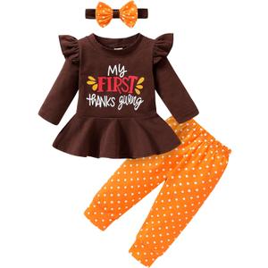 My First Thanksgiving Outfits Kids Toddler Baby Girls Ruffle Sleeve Shirt+Pants Set Fall Clothes (Brown)