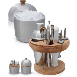 Gusto Nostro Cocktail Set Bartender Kit with Stainless Steel Ice Bucket - Complete Mixology Bar Tool Set with Wooden Organizer, Cocktail Shaker, Jigger, Muddler, Spoon, Tongs, Pourers, Recipe Cards (3.4 Liters + Barware, Silver)
