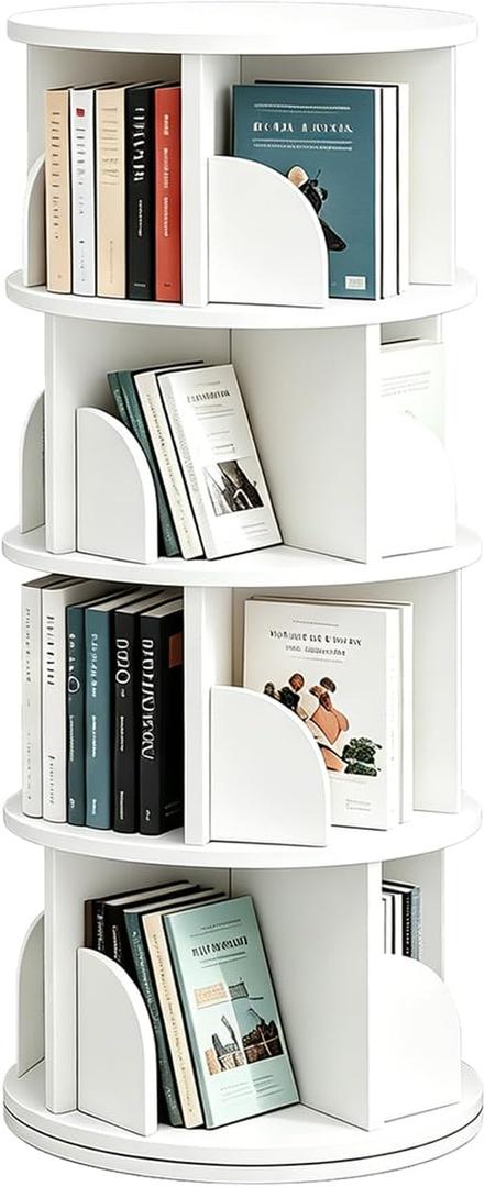 4 Tier Rotating Bookshelf, 360 Spinning Bookcase Tower, White