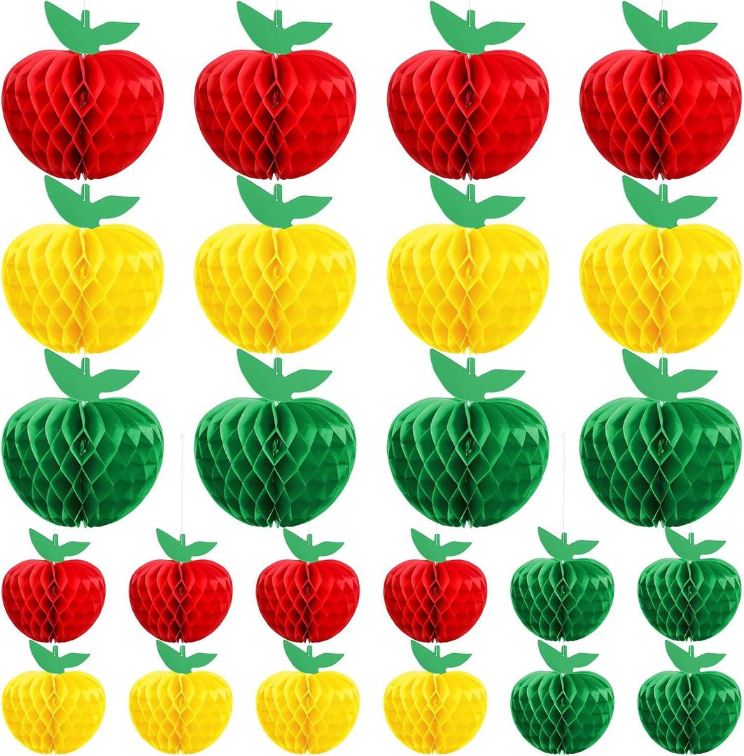 AmazingSpark 24 Pcs Large and Small Apple Honeycomb Hanging Decorations Apple Shaped Tissue Paper Rosh Hashanah Decorations Back to School Decor Table Centerpieces Party Supplies