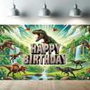 Dinosaur Happy Birthday Banner Backdrop Jurassic Jungle Party Decorations Realistic T-Rex Waterfalls Prehistoric Scene Props Decorations Photography Background 70.8 x 43.3 Inch