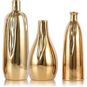 Glossy Gold Mini Ceramic Vase Set of 3, Small Ceramic Vase Set for Decorative, Bud Vases for Centerpieces Nightstand Kitchen, Boho Farmhouse Home Coffee Table Tray Decor