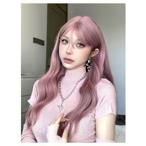 Aadesso Smoky Pink Long Straight Wig 65cm Blunt Bangs Daily Synthetic Hair for Women East Asian Fashion K-pop Style Muted Rose Heat Resistant wig cap (25.6 Inch)