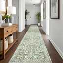 Vintage 2.6x18 Hallway Runner, Sage Green Beige Washable Non-Slip Long Hallway Carpet, Super Soft Kitchen Runner, Print Faux Wool Floral Thin Carpet for Entryway