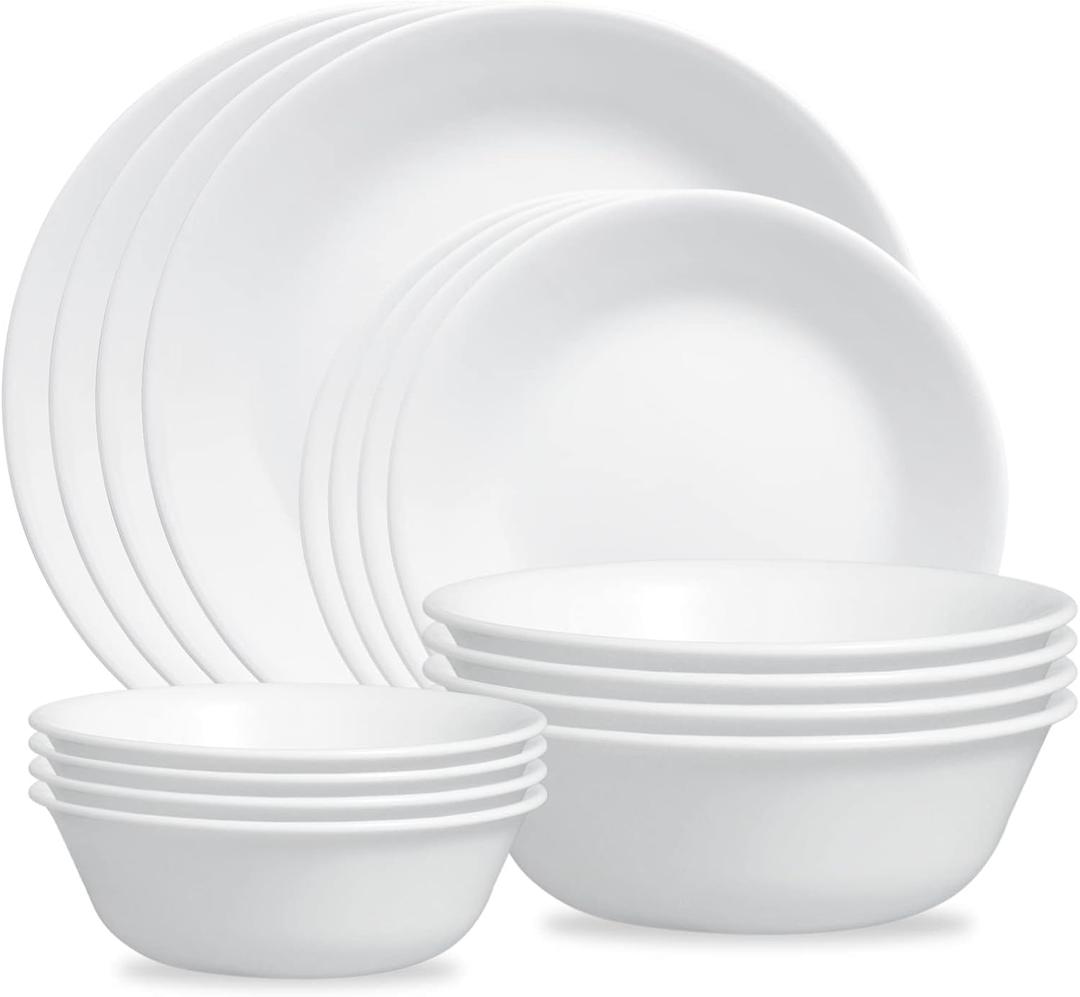 ZOID 3120NM Glass Glossy Mugless Dinnerware Set, White, 16 Pieces