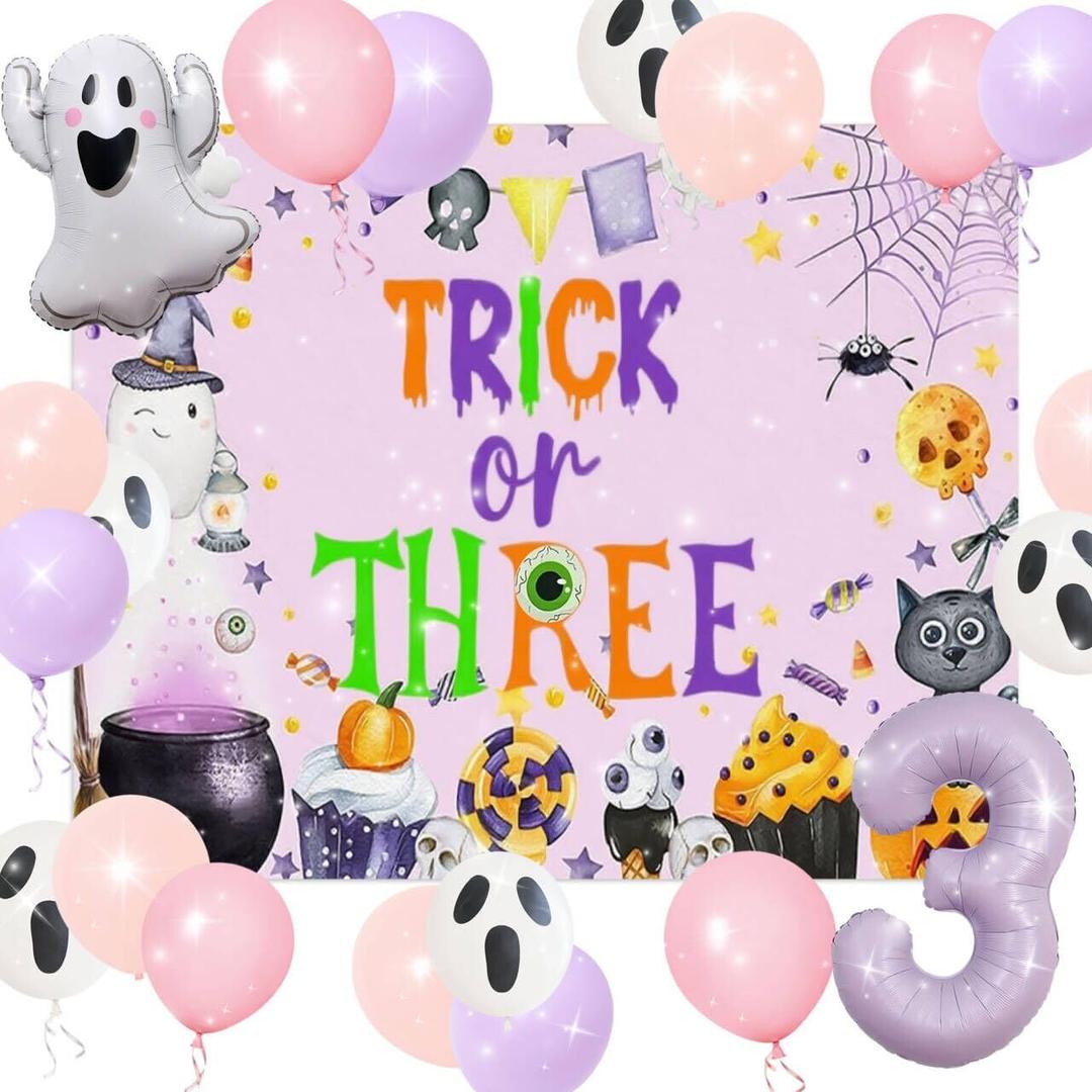 Trick or Three Party Decor Trick Or Three Banner Halloween Ghost Balloons for Pink Halloween Girl Third Birthday Party Decorations (Purple)