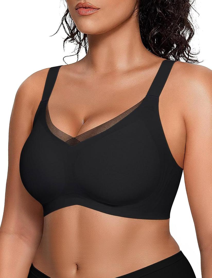 Vertvie Wireless Bras for Women No Underwire Supportive Mesh Crossover Bra Seamless Push Up Full Coverage Everyday Bralettes (X-Large, Black)