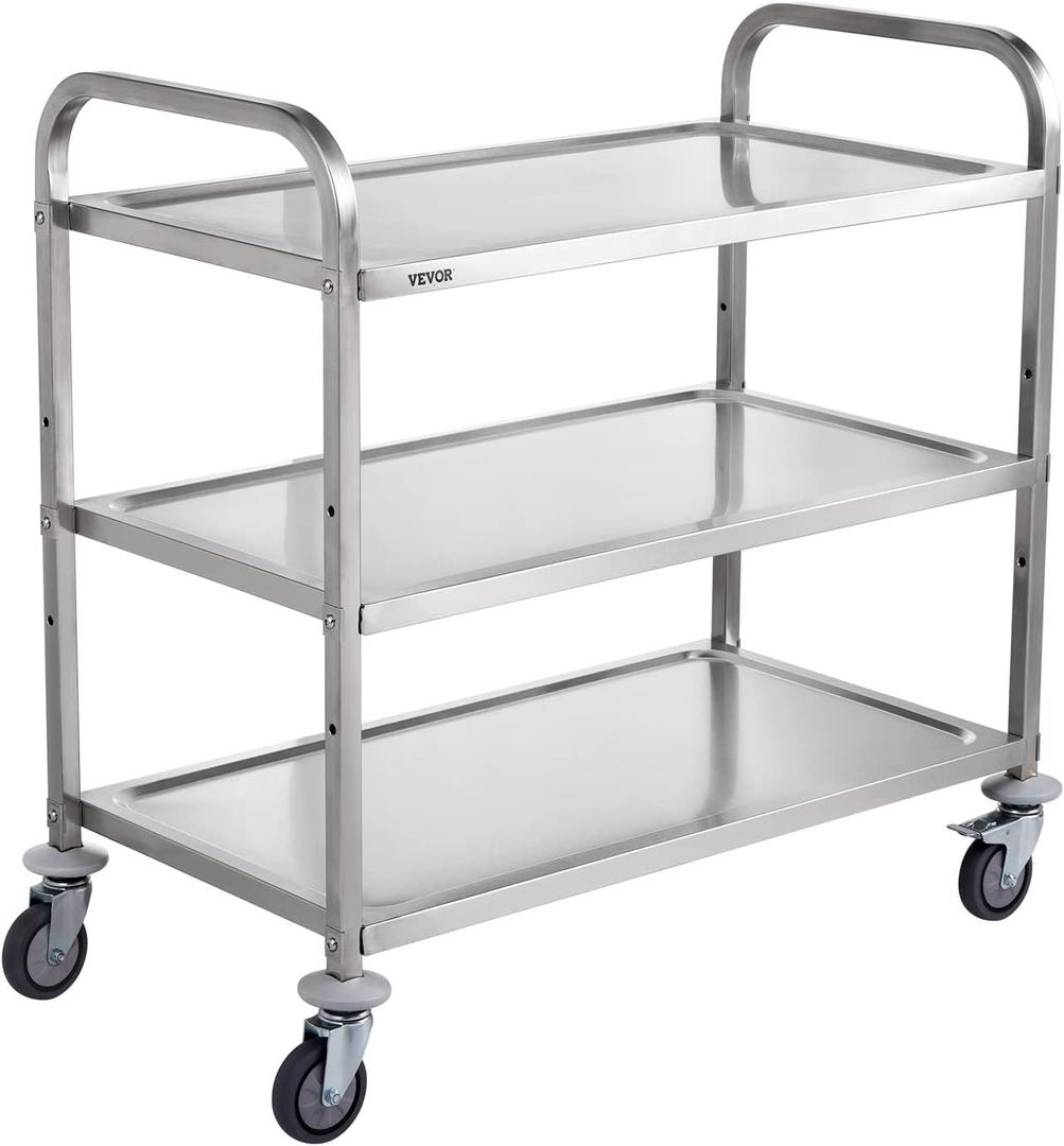 VEVOR Kitchen Utility Cart, 37.5"x19.7"x37.7" 3 Tiers Wire Rolling Cart, 450LBS Capacity Steel Service Cart with Brake Wheels, Storage Trolley with 80mm Basket PP Liner 6 Hooks, Indoor & Outdoor Use (Silver)